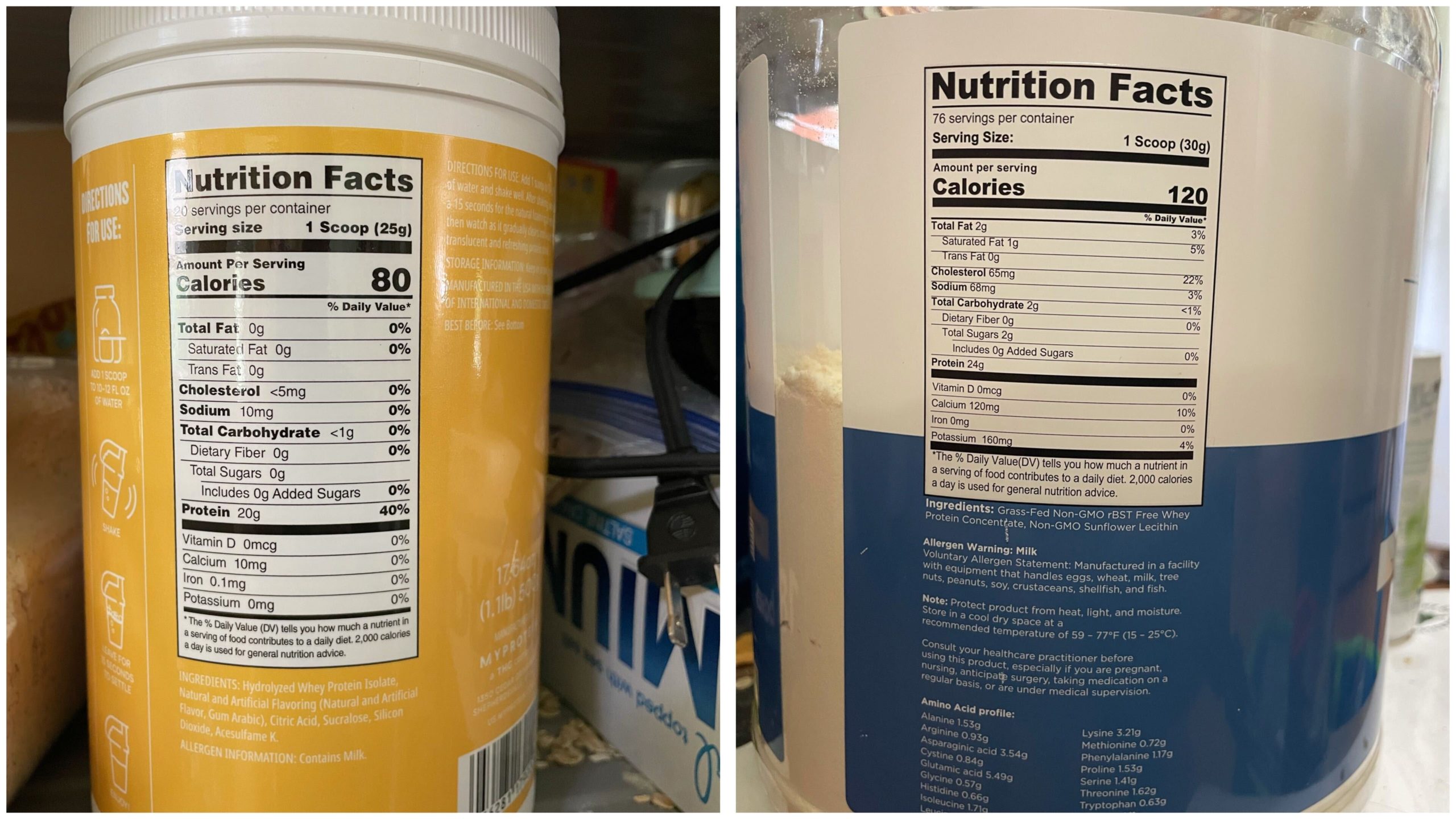 Left: MyProtein clear whey. Right: BN Labs whey concentrate. (Photo: Beth Skwarecki)